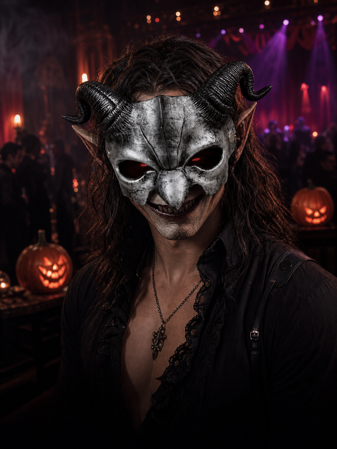 1pc Halloween Devil Half Face Mask with Curled Horns, Red Eye Accents for Cosplay Party