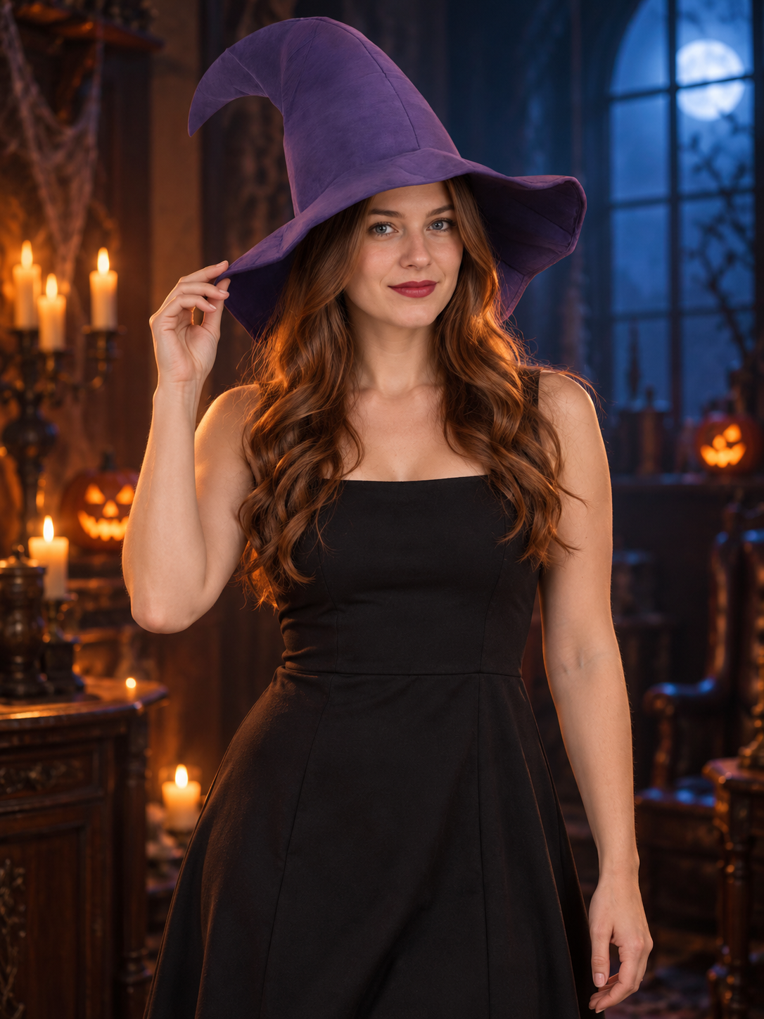 Purple Pointed Witch Hat with Wide Brim