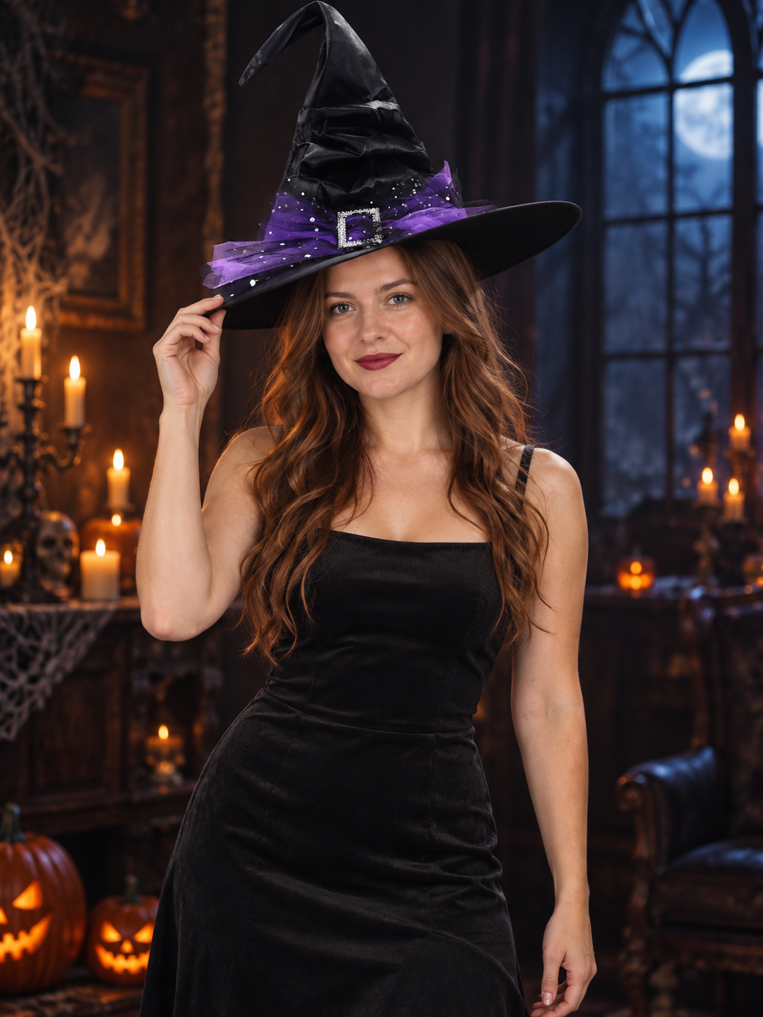 Black Witch Hat with Purple Netting and Glitter