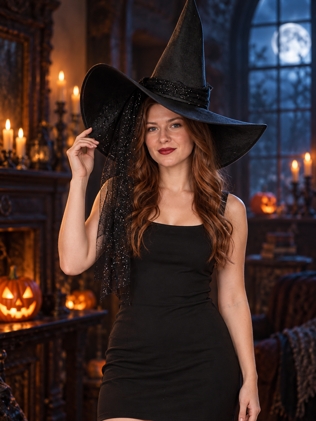Black Wide-Brim Witch Hat with Glitter and Buckle