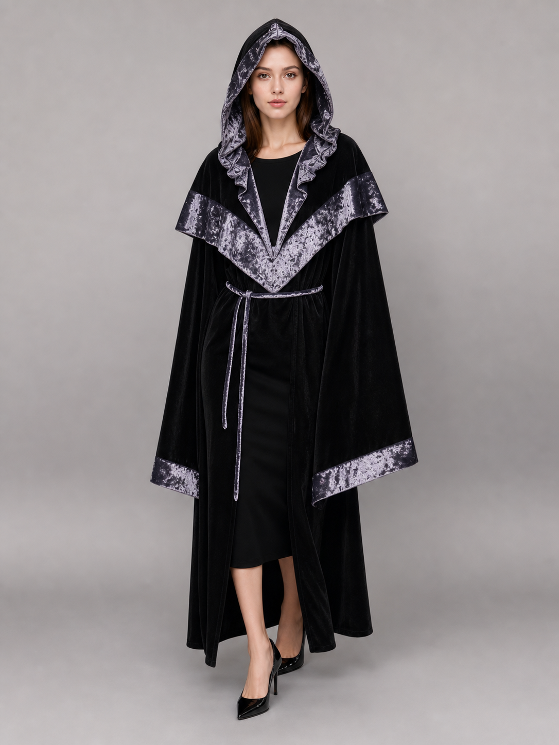 Black Carnival Cloak with Hood and Trim