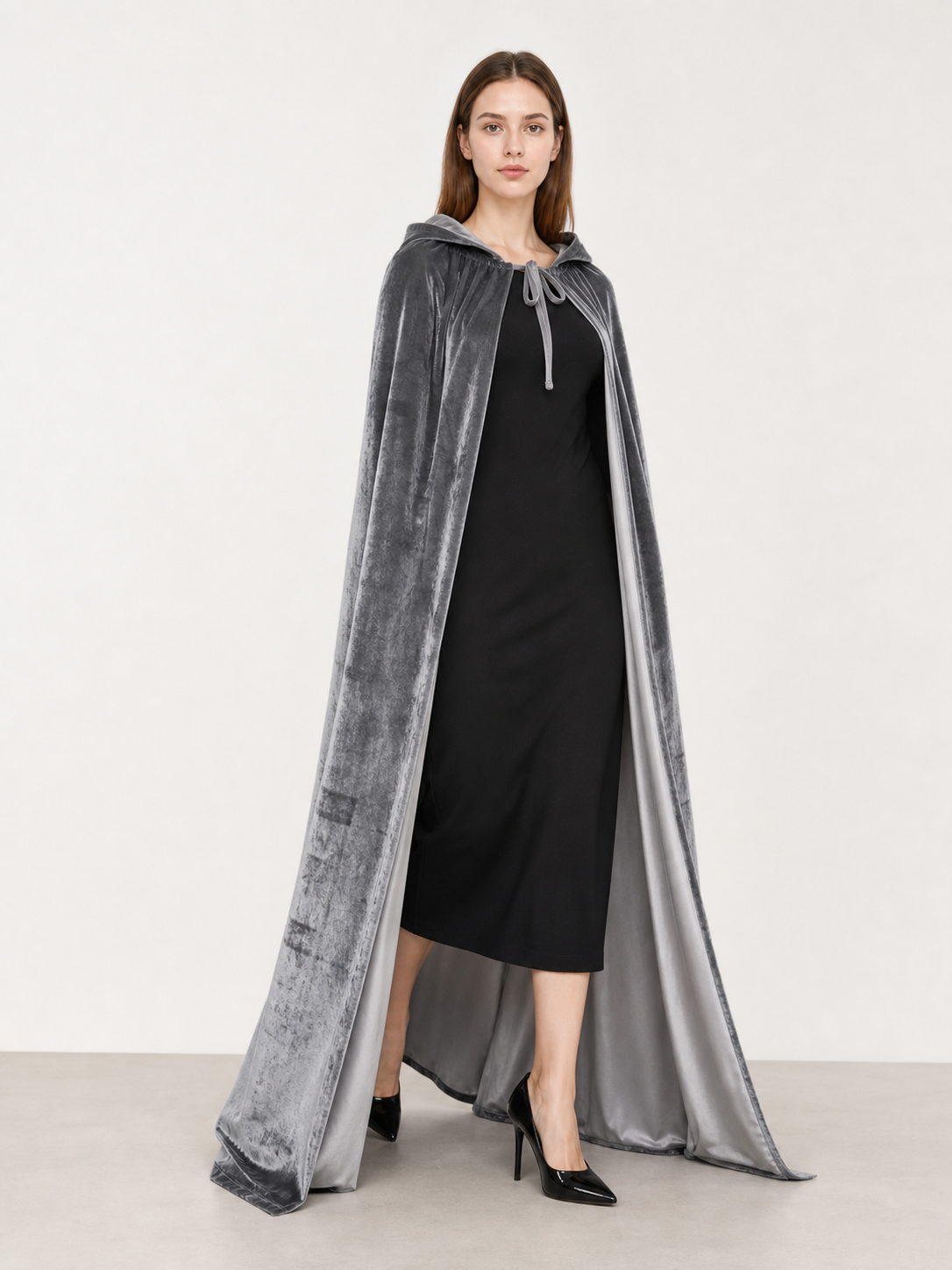 Gray Hooded Long Costume Cape