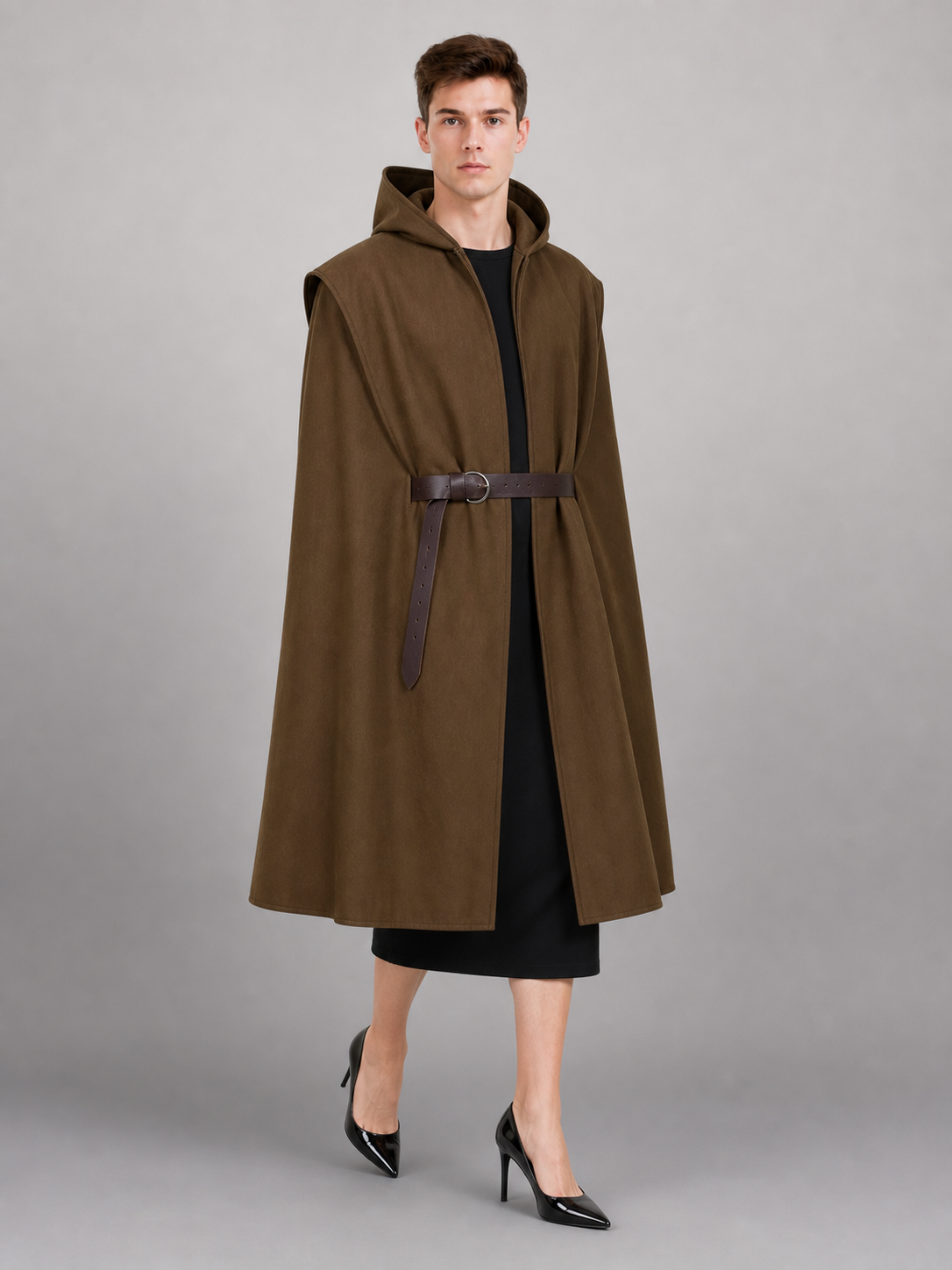 Brown hooded cosplay vest with belt product view 19