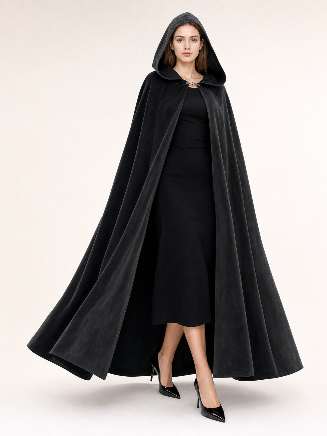 Long black hooded costume cloak