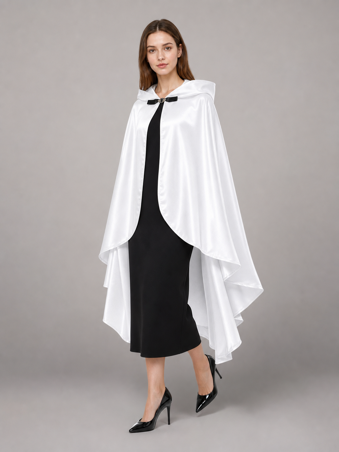 Long white hooded satin-look carnival cape product view 72