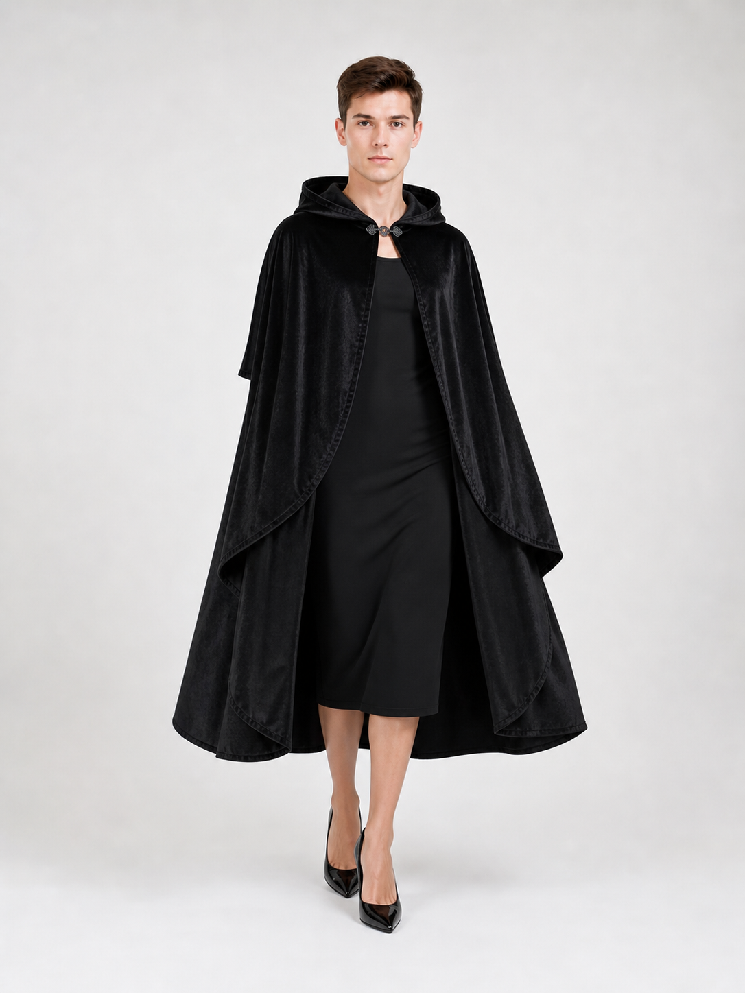 Black Hooded Carnival Cape, Flowing