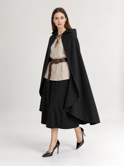 Black hooded medieval costume cloak product view 46