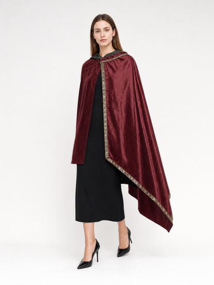 Burgundy velvet-look hooded costume cape product view 74