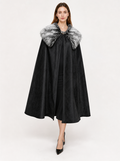 Black Costume Cloak with Faux Fur Collar