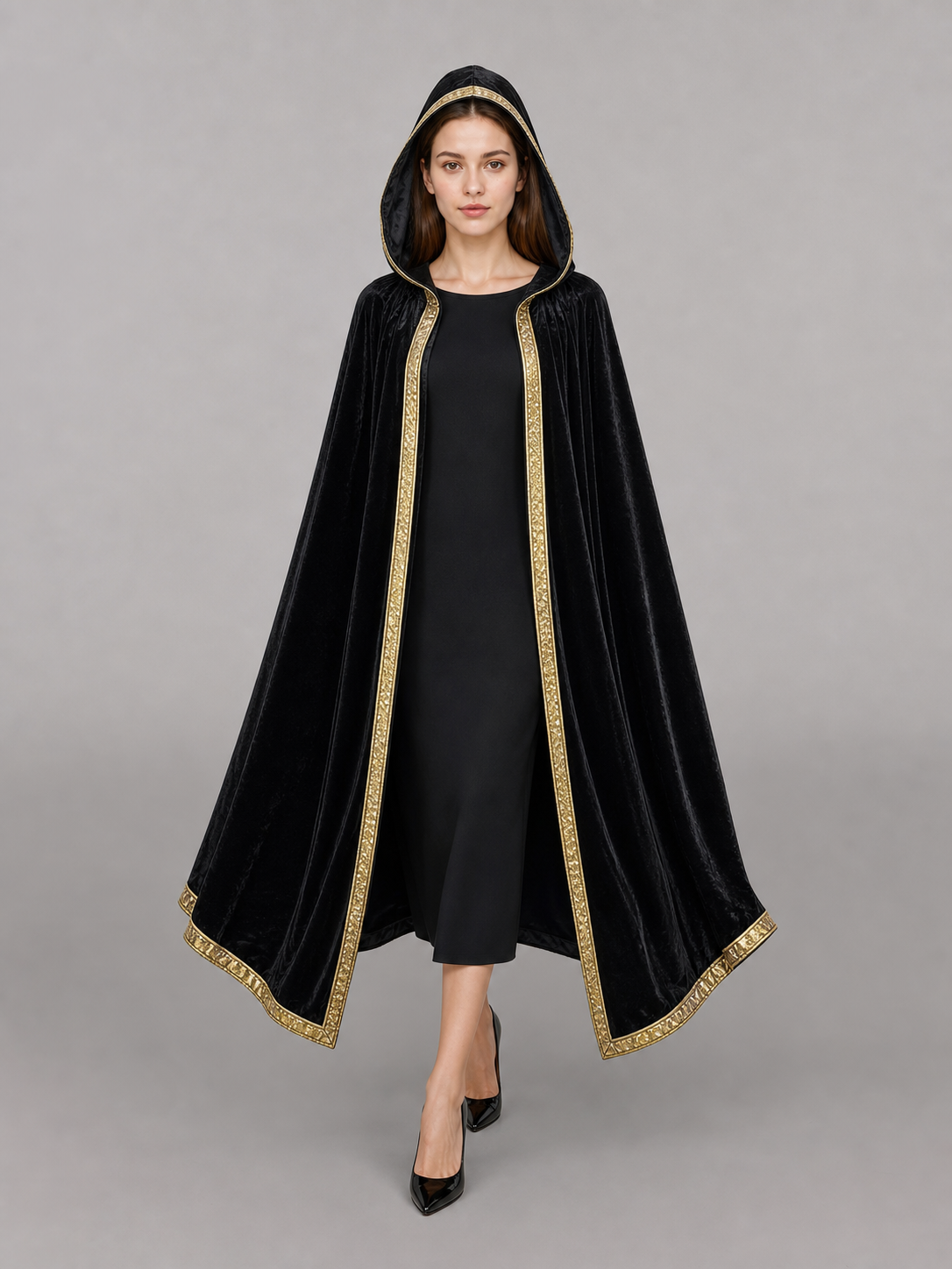 Black Carnival Cloak with Hood, Velvet Texture
