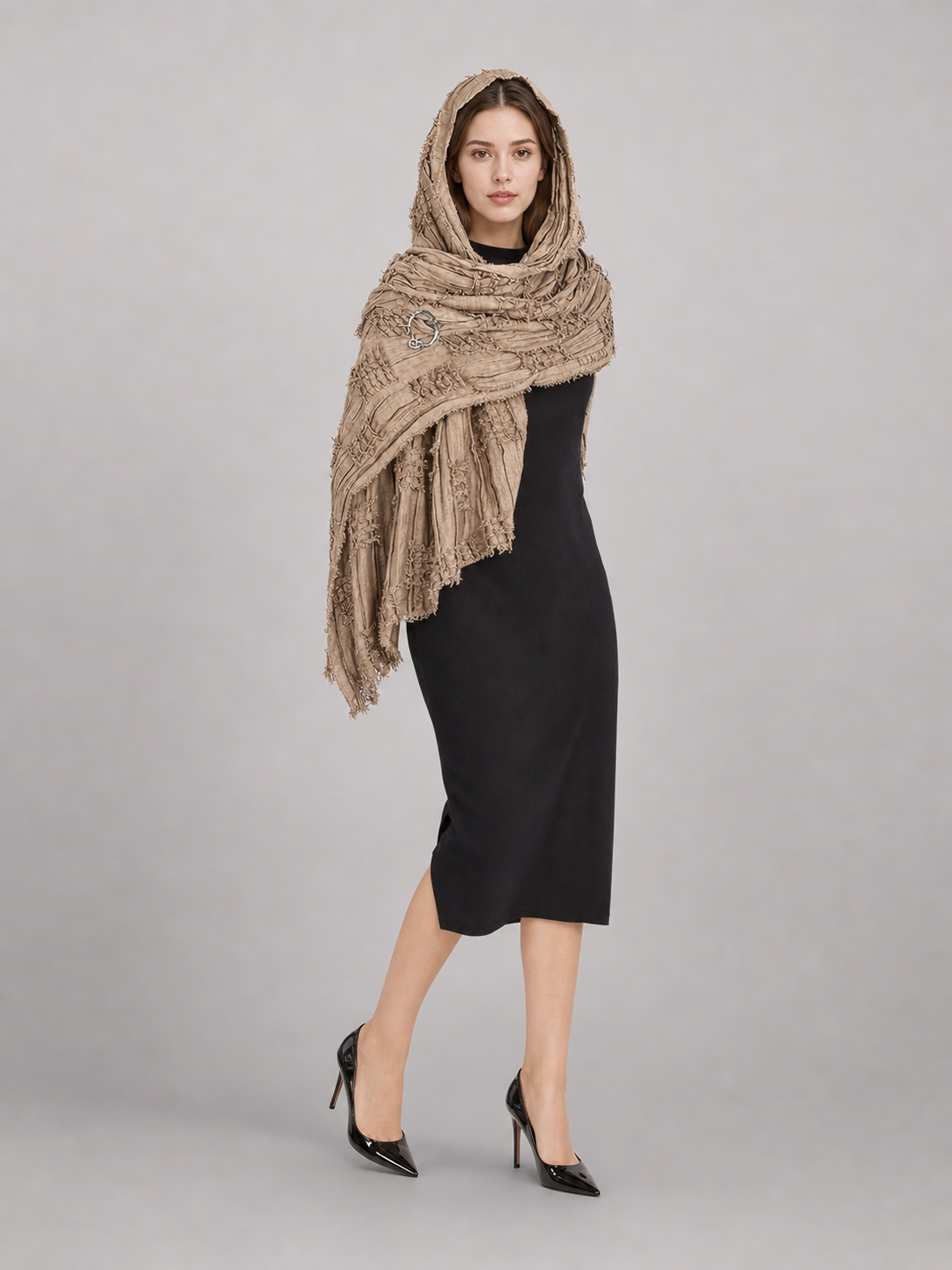 Boho Hooded Scarf Cape, Khaki