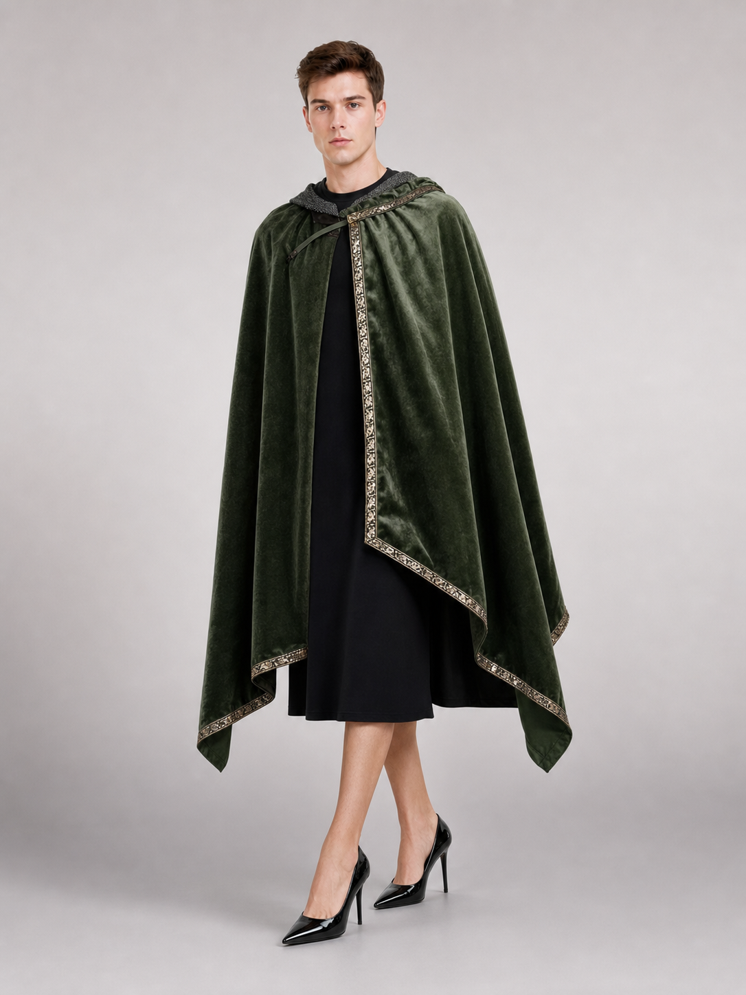 Green asymmetrical long carnival cape