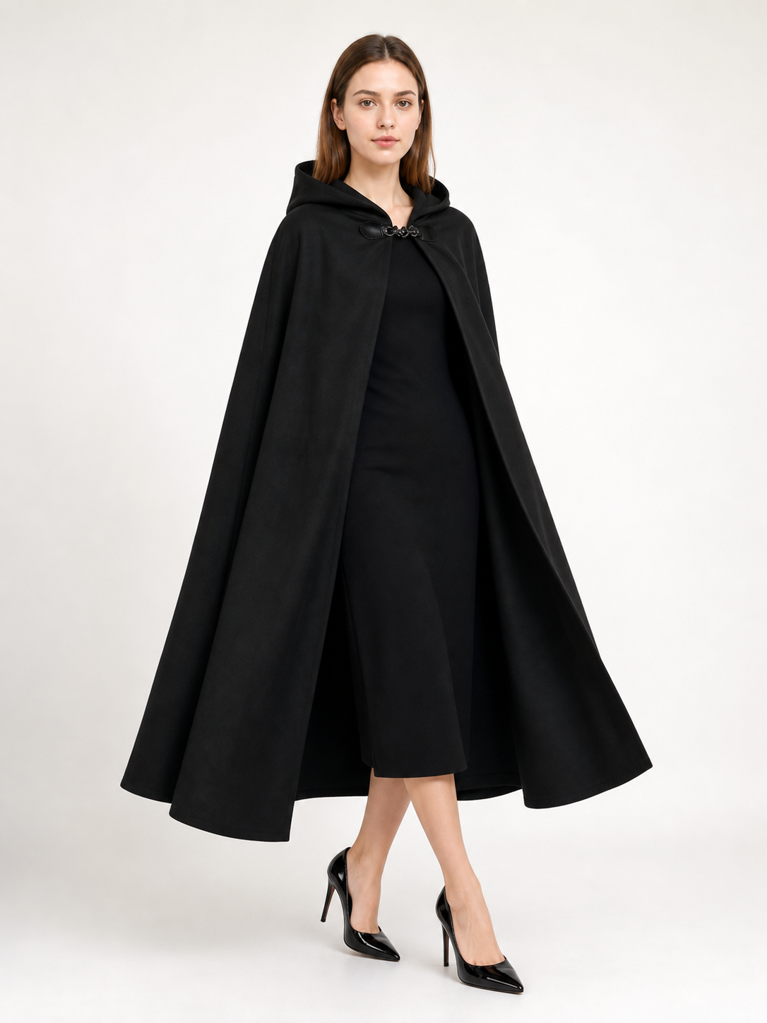 Long black hooded carnival cloak