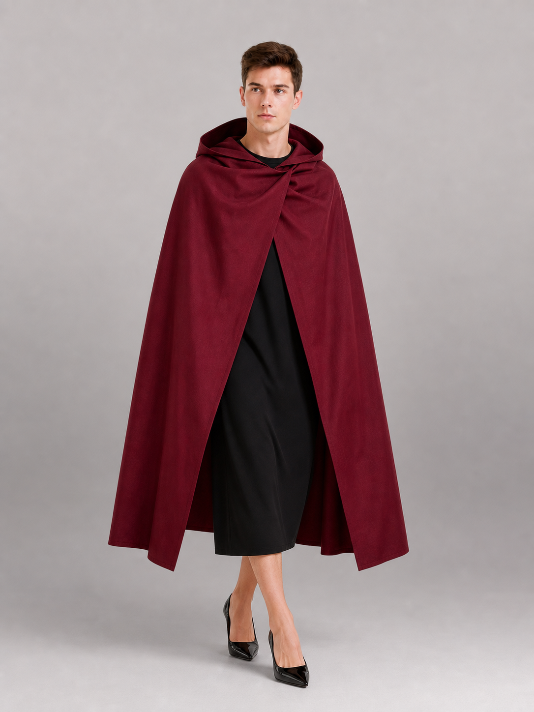 Medieval Hooded Cloak Wine Red Cape with Overlapping Front and Irregular Draped Hem for Cosplay, Theme Parties, Stage Performances and Fantasy Photography