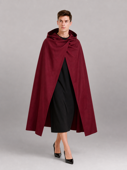 Medieval Hooded Cloak Wine Red Cape with Overlapping Front and Irregular Draped Hem for Cosplay, Theme Parties, Stage Performances and Fantasy Photography