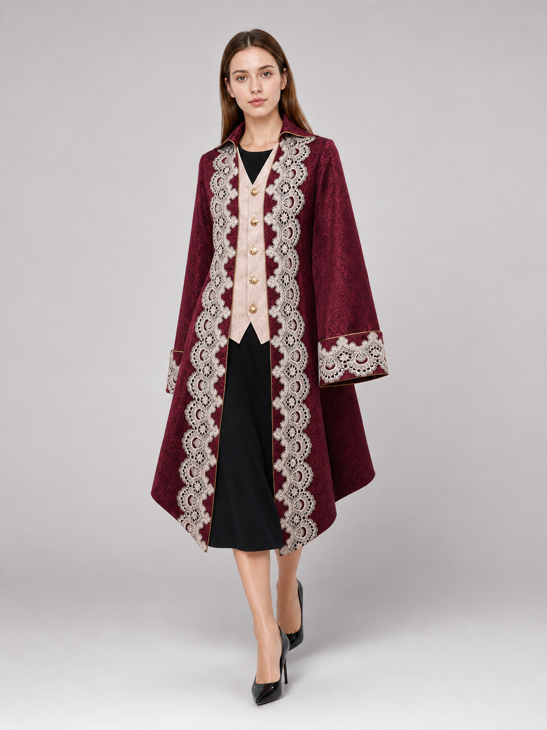 Vintage Burgundy Carnival Cape with Lace