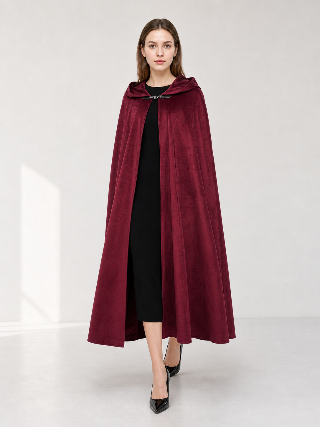 Long burgundy carnival cloak with hood