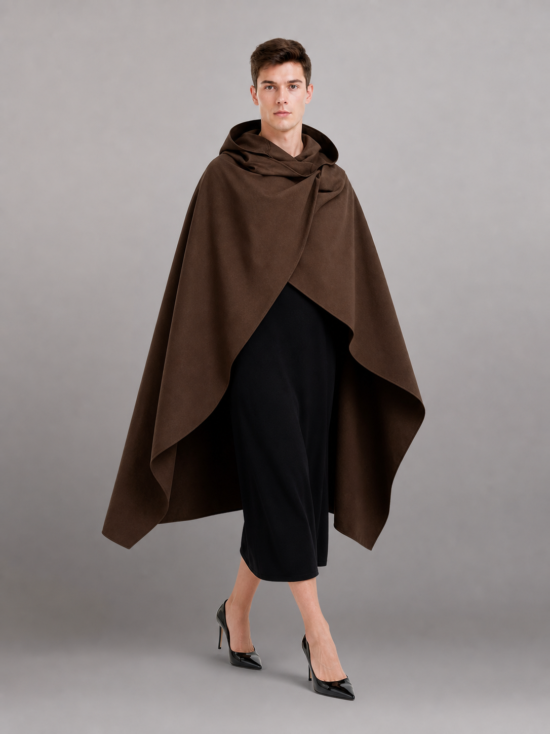 Medieval Fantasy Hooded Cloak, Deep Brown Long Draped Cape with Overlapping Front and Pointed Hem for Role Play, Stage Styling and Outdoor Wear