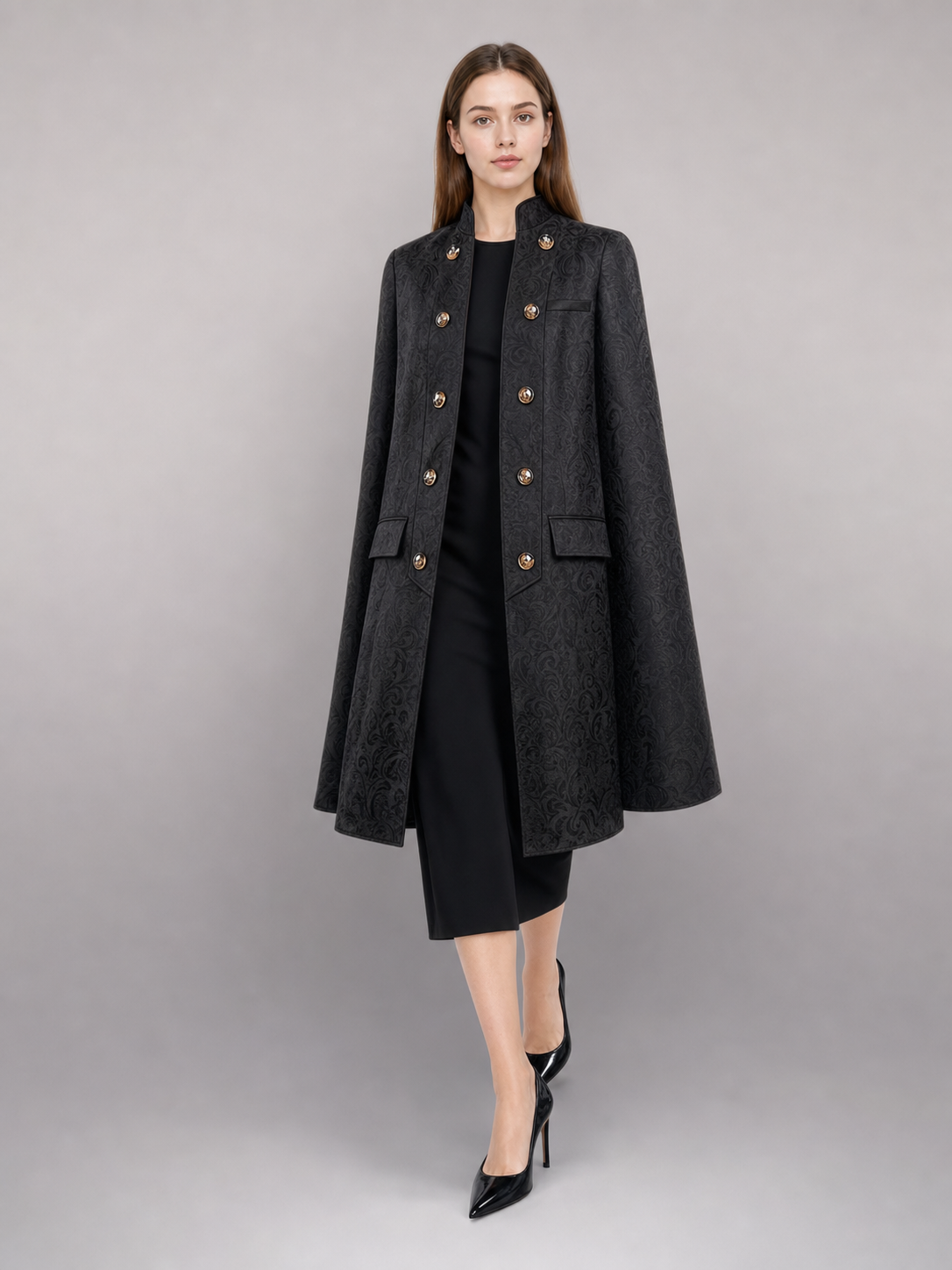 Black carnival cloak with jacquard pattern