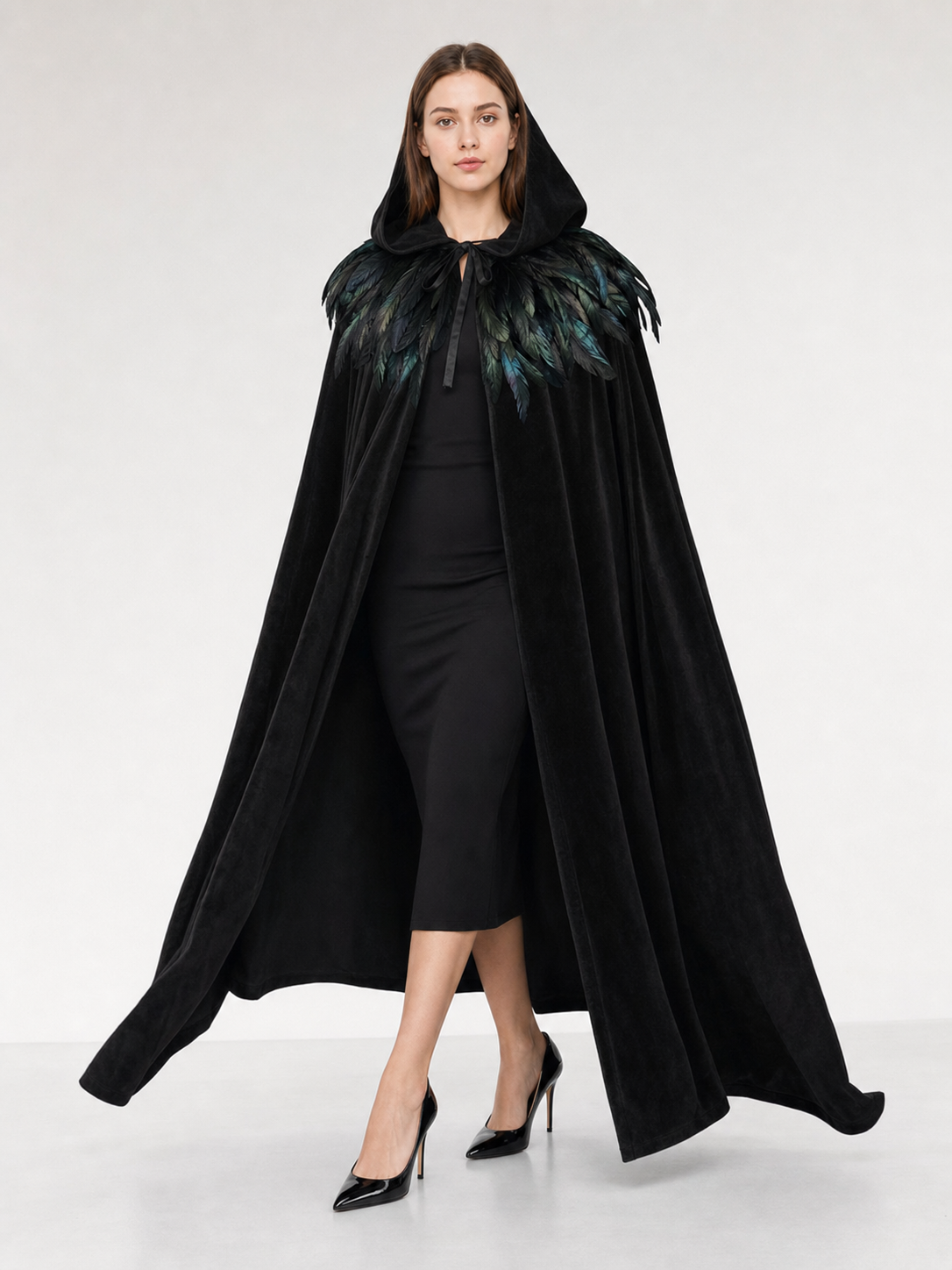 Black Velvet Hooded Cape with Feathers