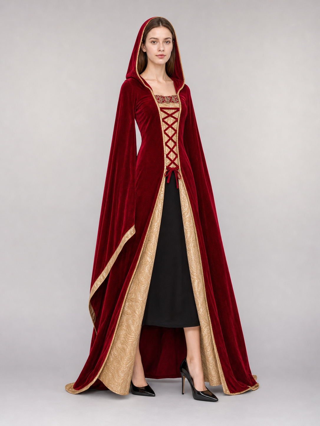 Burgundy carnival hooded cloak for cosplay