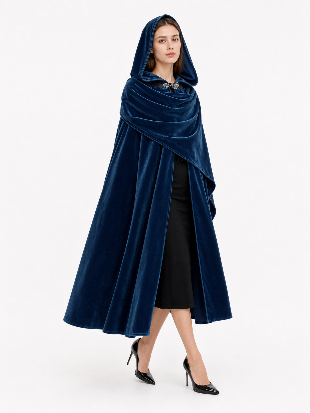 Dark Blue Medieval Hooded Costume Cloak