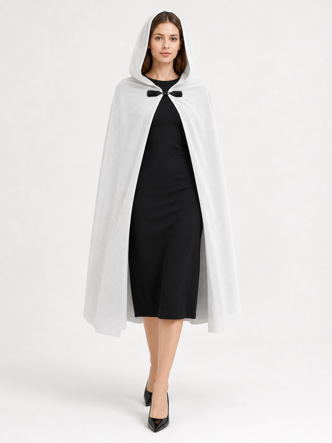 Full-Length White Hooded Cape with Oversized Hood and Black Bow Closure for Fantasy Medieval Cosplay and Stage Performances