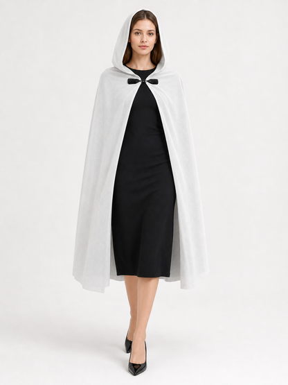 Full-Length White Hooded Cape with Oversized Hood and Black Bow Closure for Fantasy Medieval Cosplay and Stage Performances