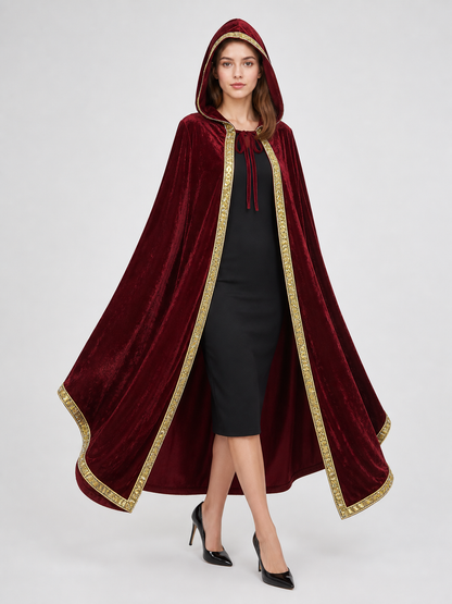 Burgundy Costume Cloak with Hood and Gold Trim