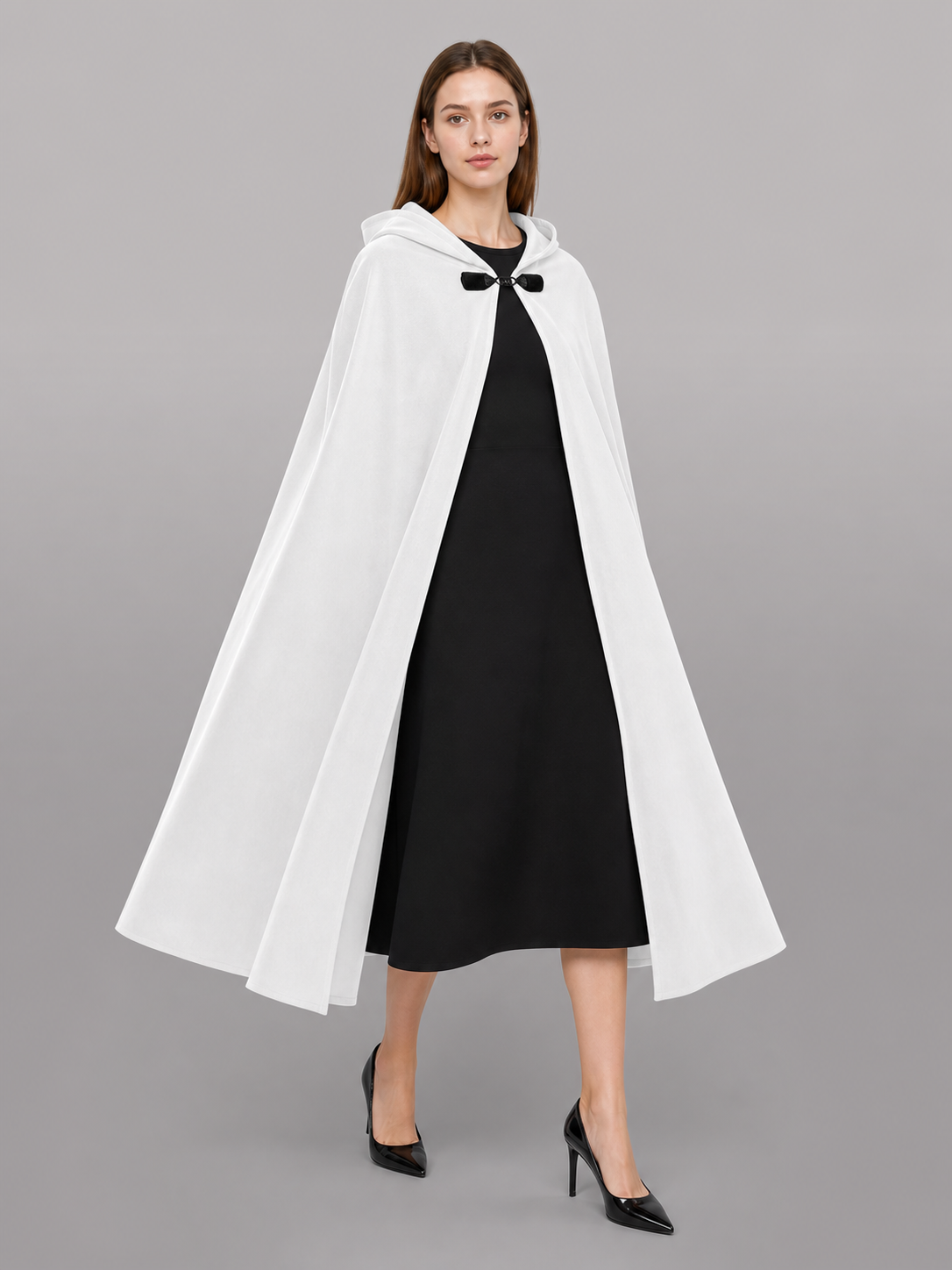 Medieval White Velvet Hooded Long Cloak Cape with Black Bow Tie Front Flared Hem occasion guide