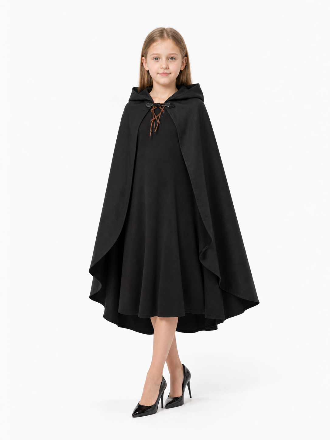 Black hooded medieval costume cloak product view 47