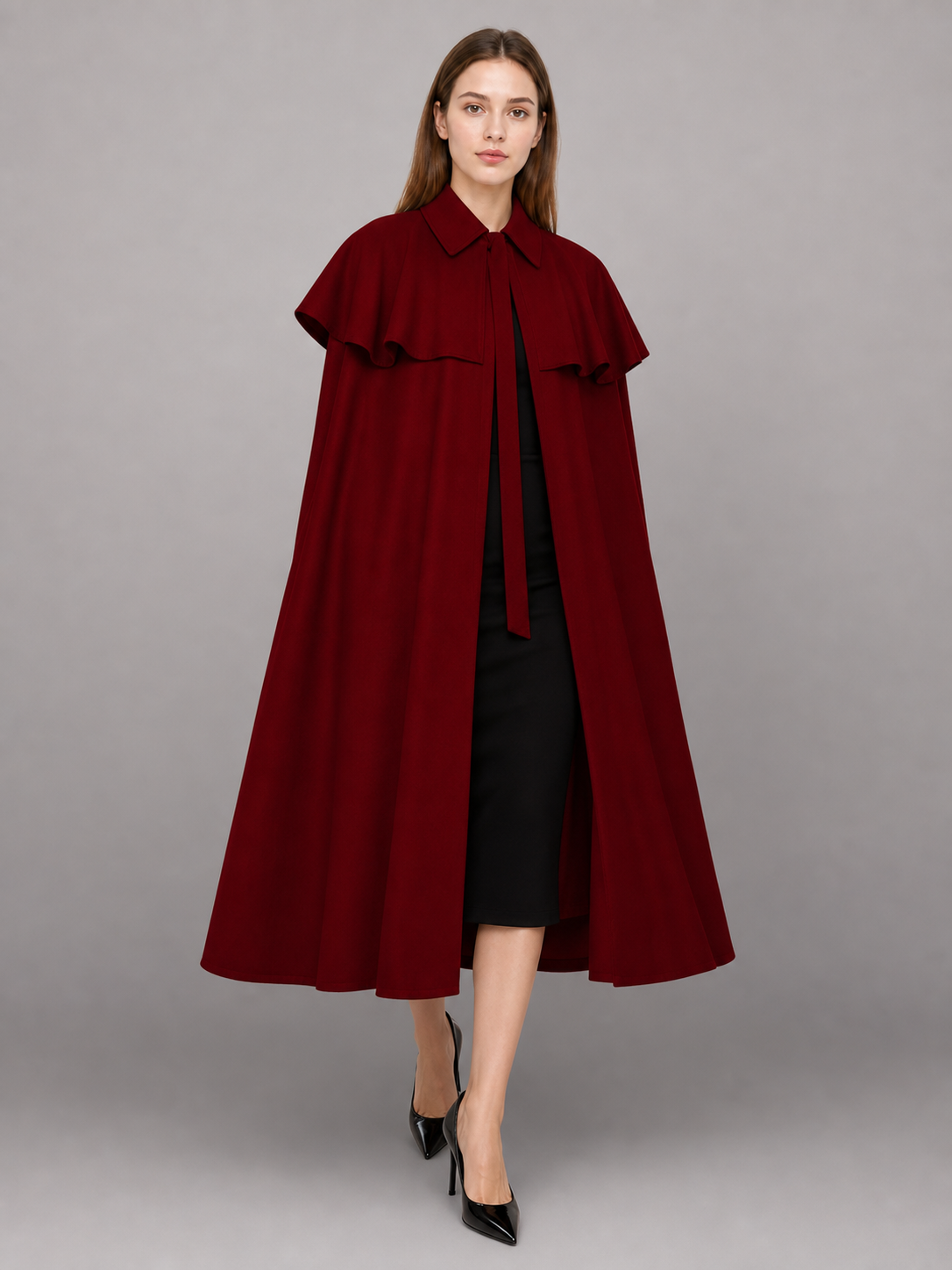 Burgundy Dress with Collar and Flared Hem