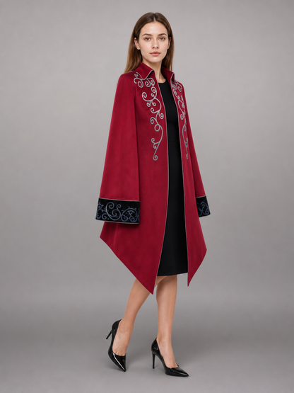 Burgundy tailcoat with embroidery and black panels