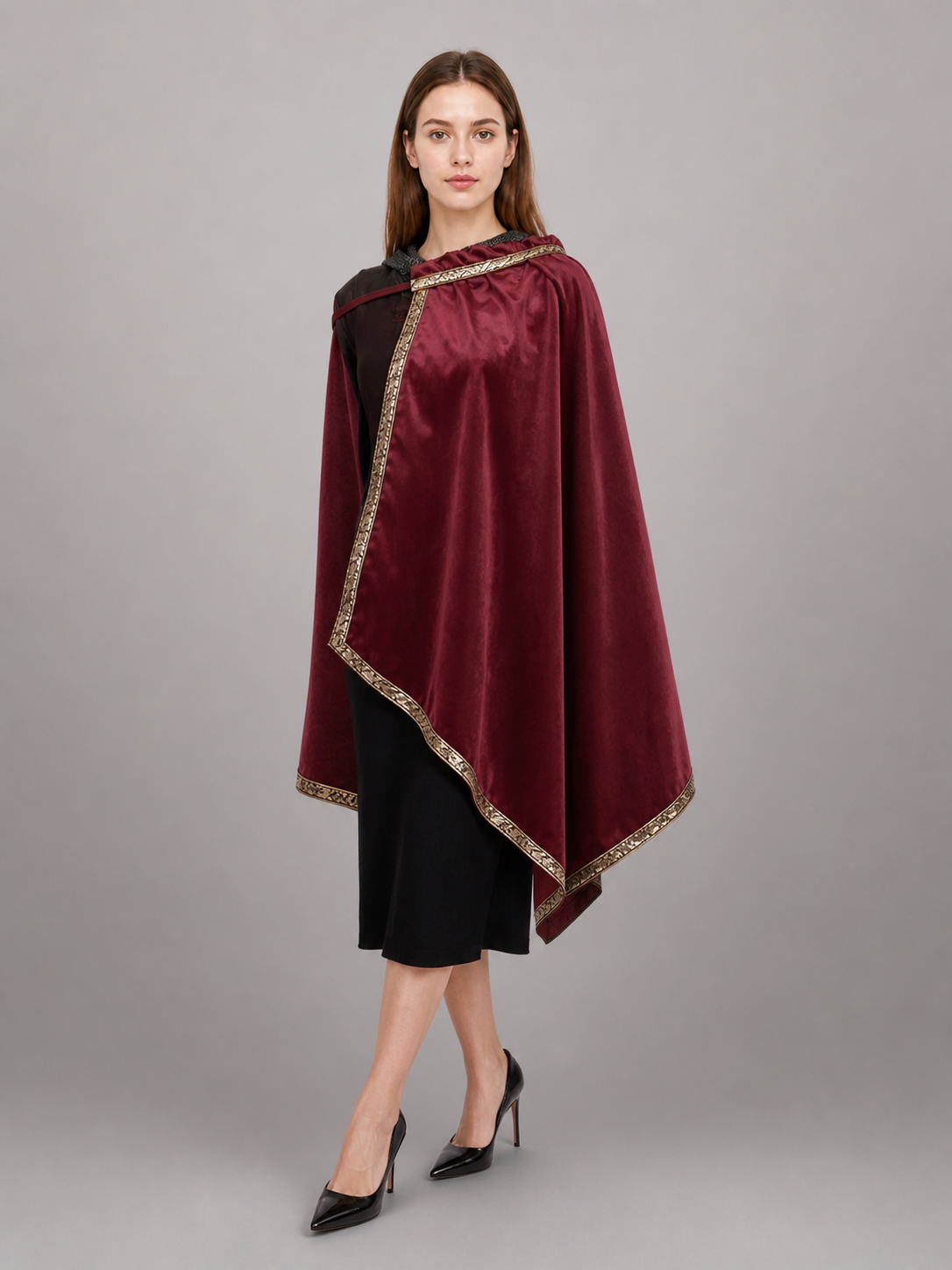 Burgundy velvet-look hooded costume cape product view 75