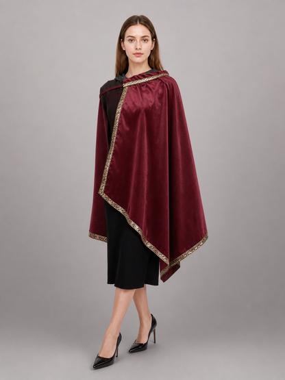 Burgundy velvet-look hooded costume cape product view 75