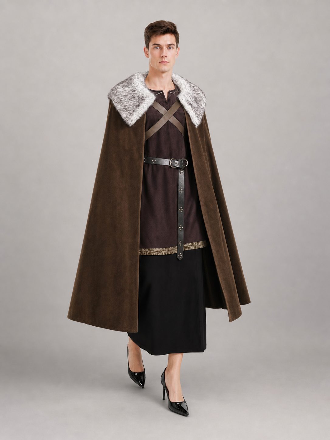 Brown Costume Cloak with Fur Collar