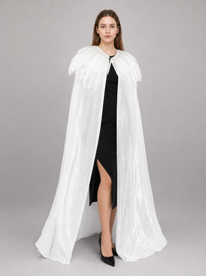 White Velvet Cape with Feather Trim, Maxi