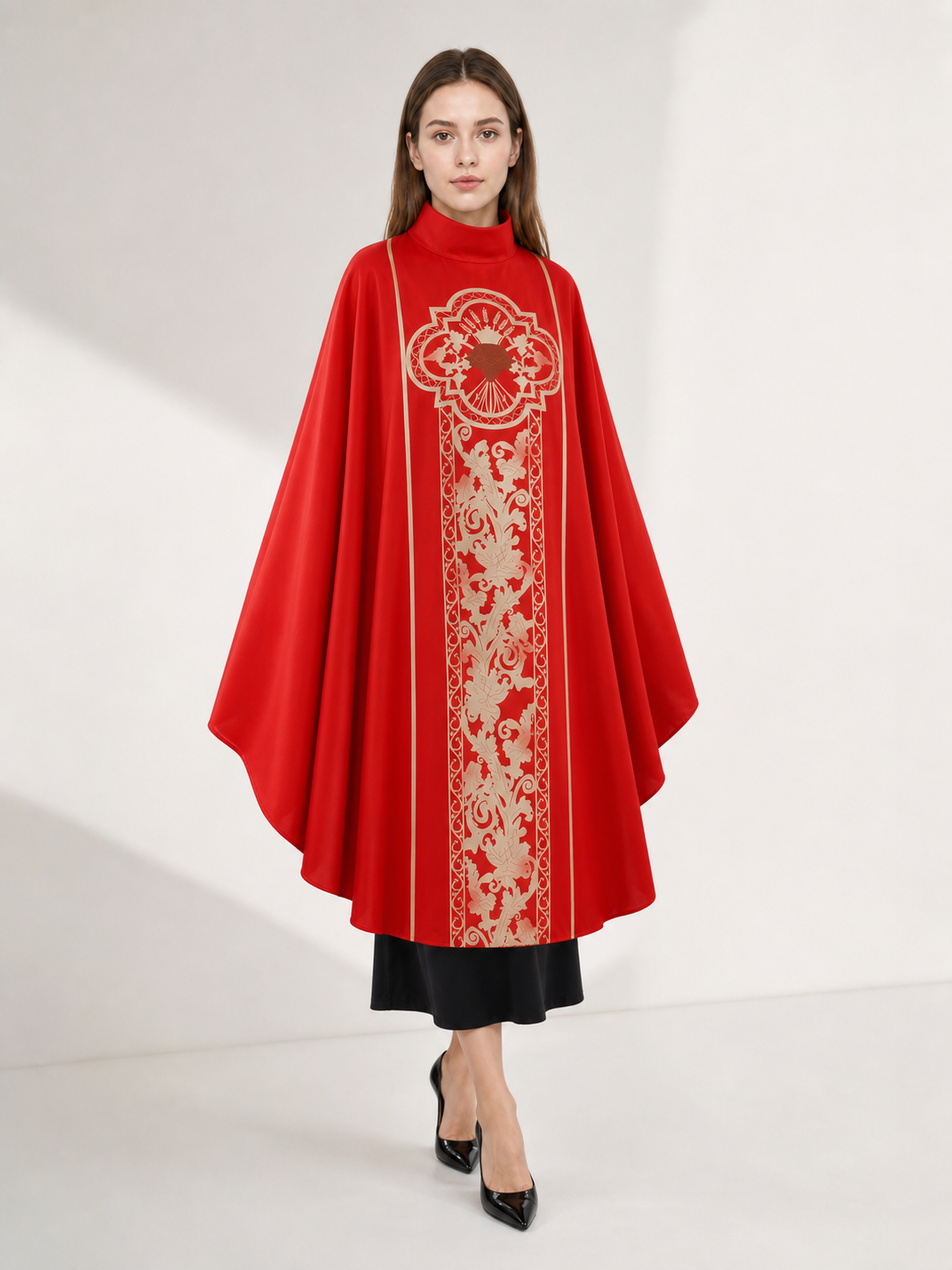 Red costume cloak with ornament and sleeves
