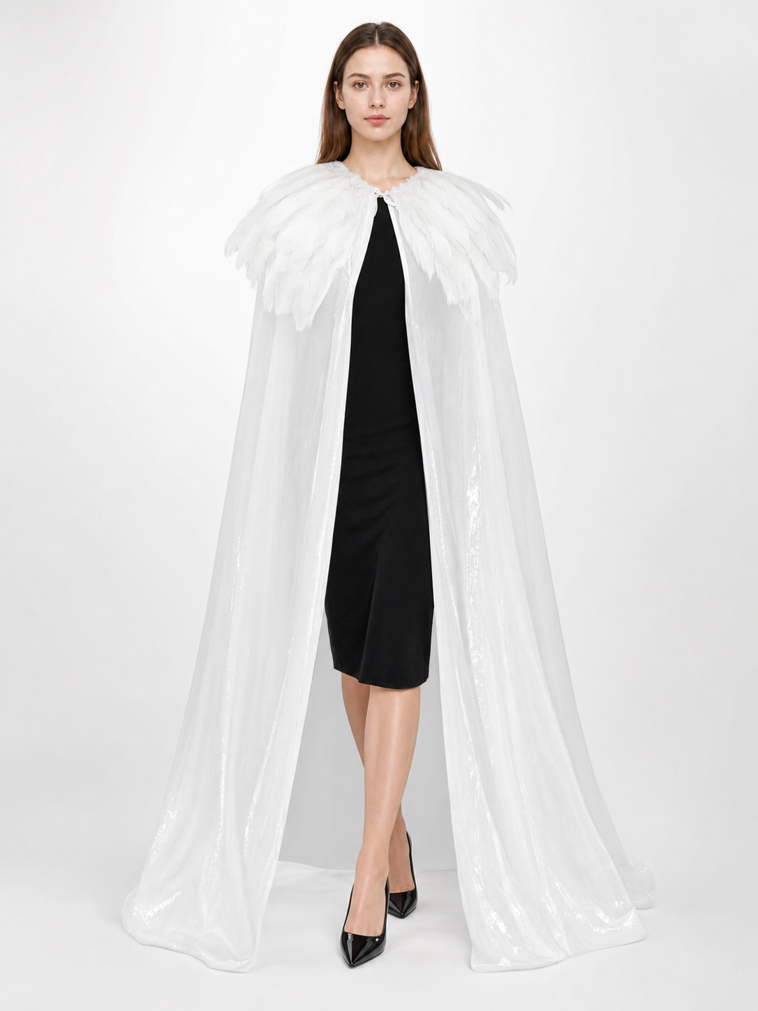 White Velvet Cape with Feather Trim, Maxi