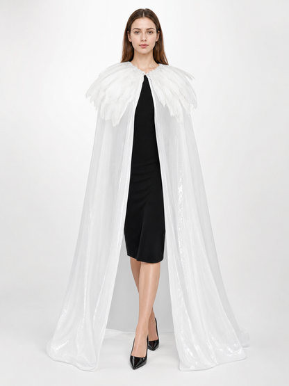 White Velvet Cape with Feather Trim, Maxi