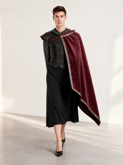 Burgundy velvet-look hooded costume cape product view 76