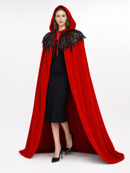 Red hooded feather-trimmed cape product view 23