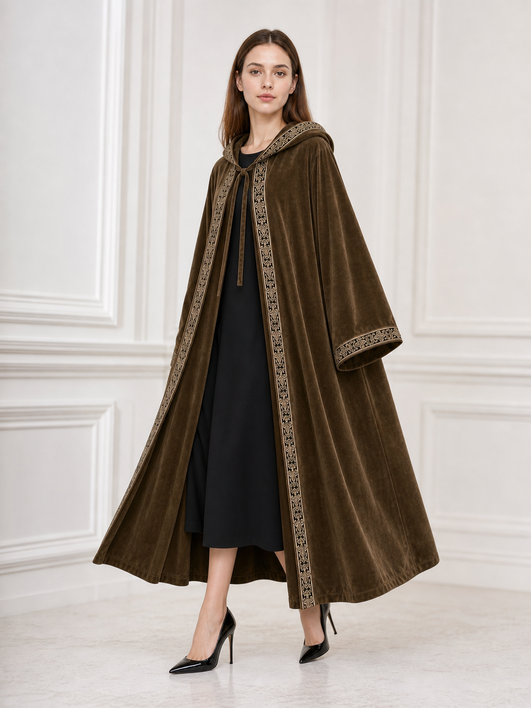 Long Hooded Robe, Brown, Loose Fit