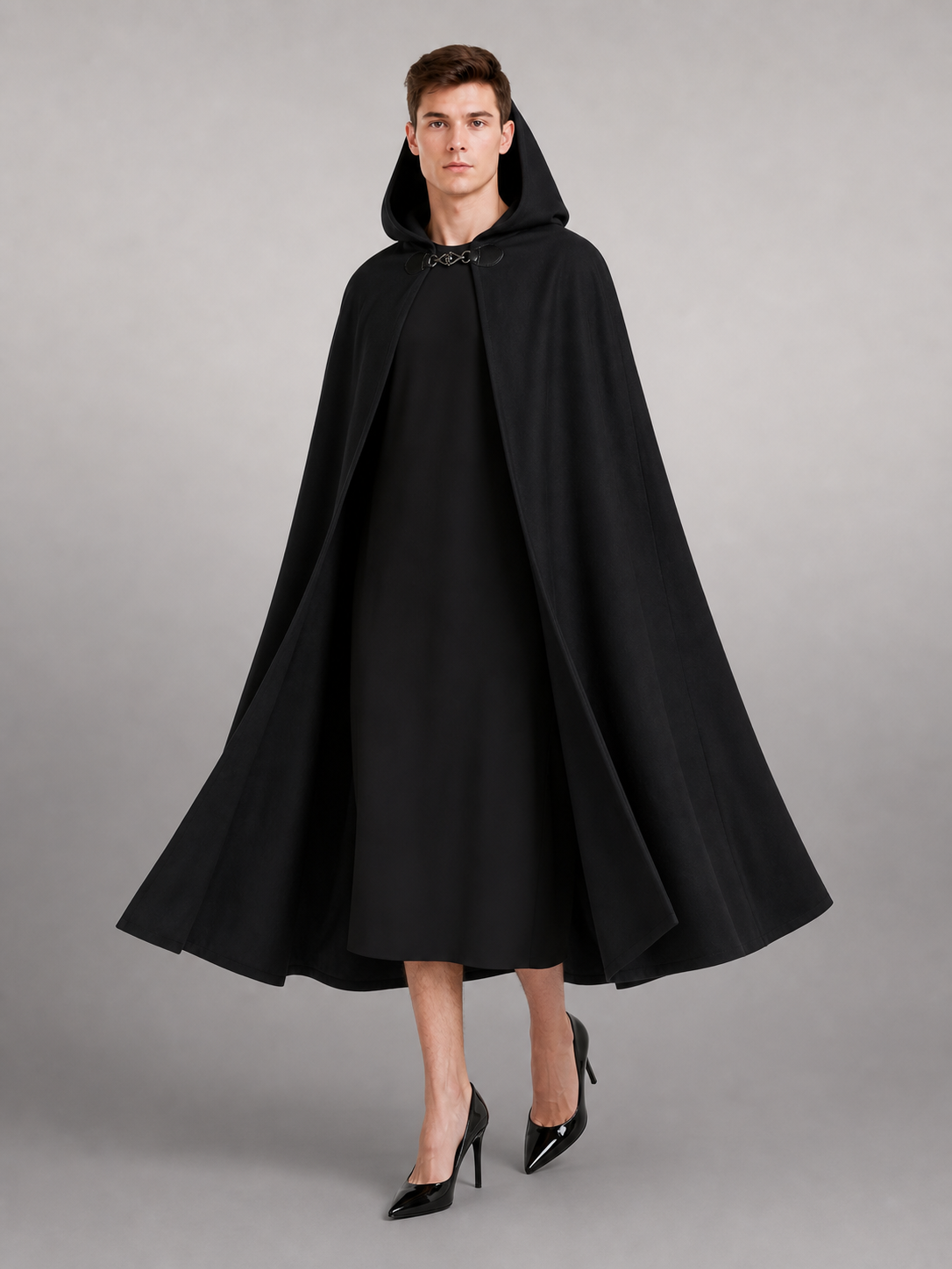 Long black hooded carnival cloak