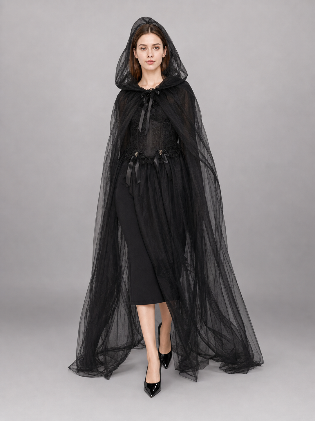 Black hooded carnival cloak for cosplay