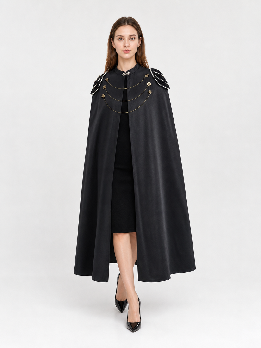 Black Decorative Hooded Costume Cloak