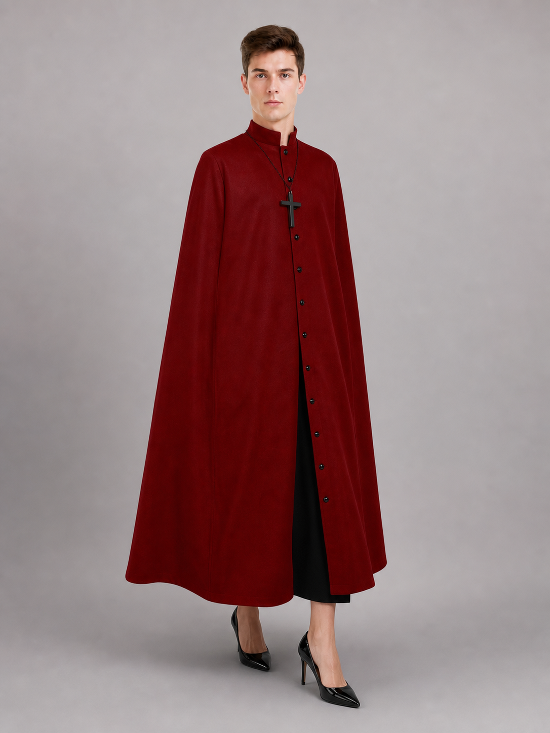 Long Burgundy Cassock with Collar and Buttons