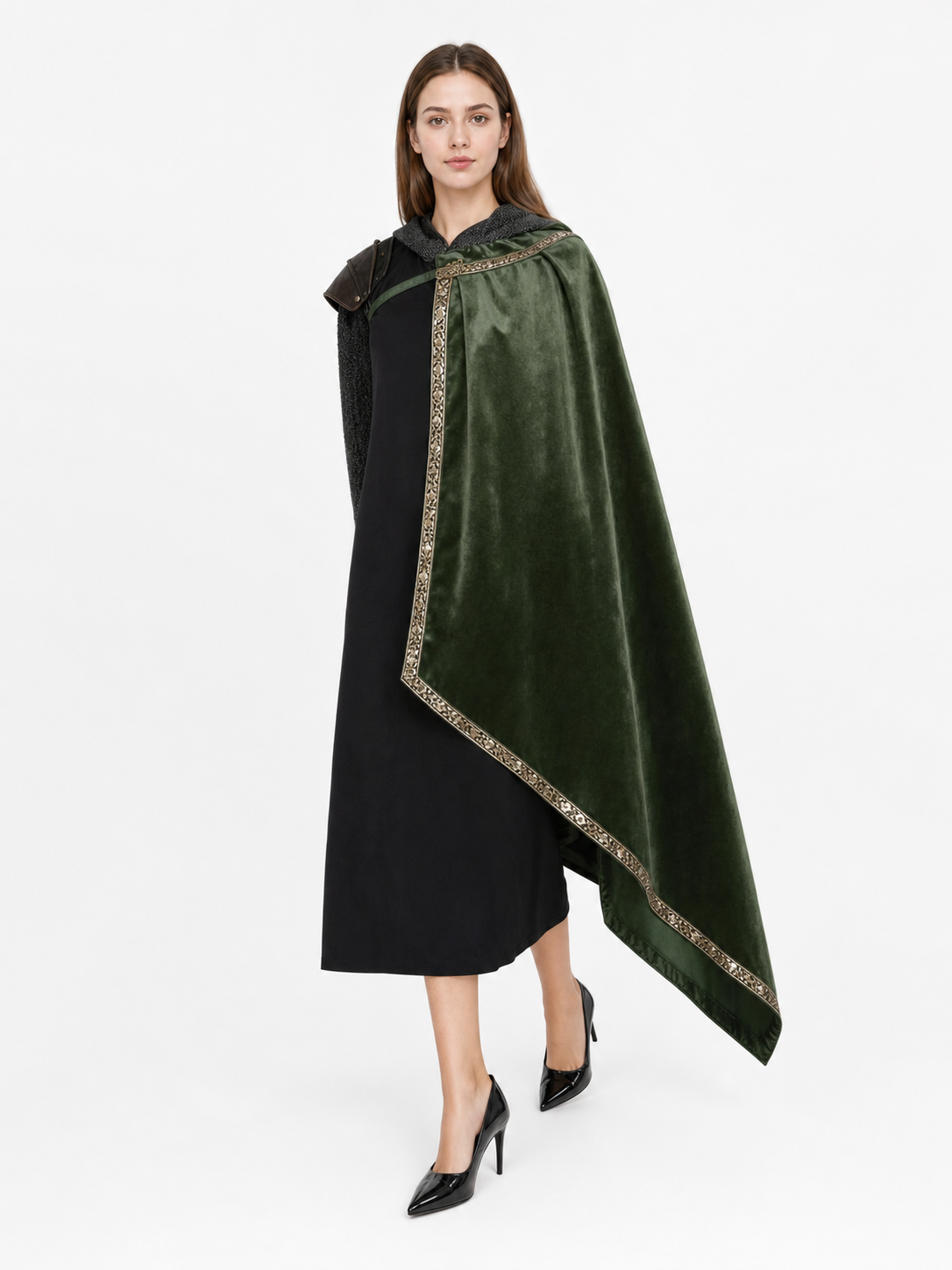 Green asymmetrical long carnival cape