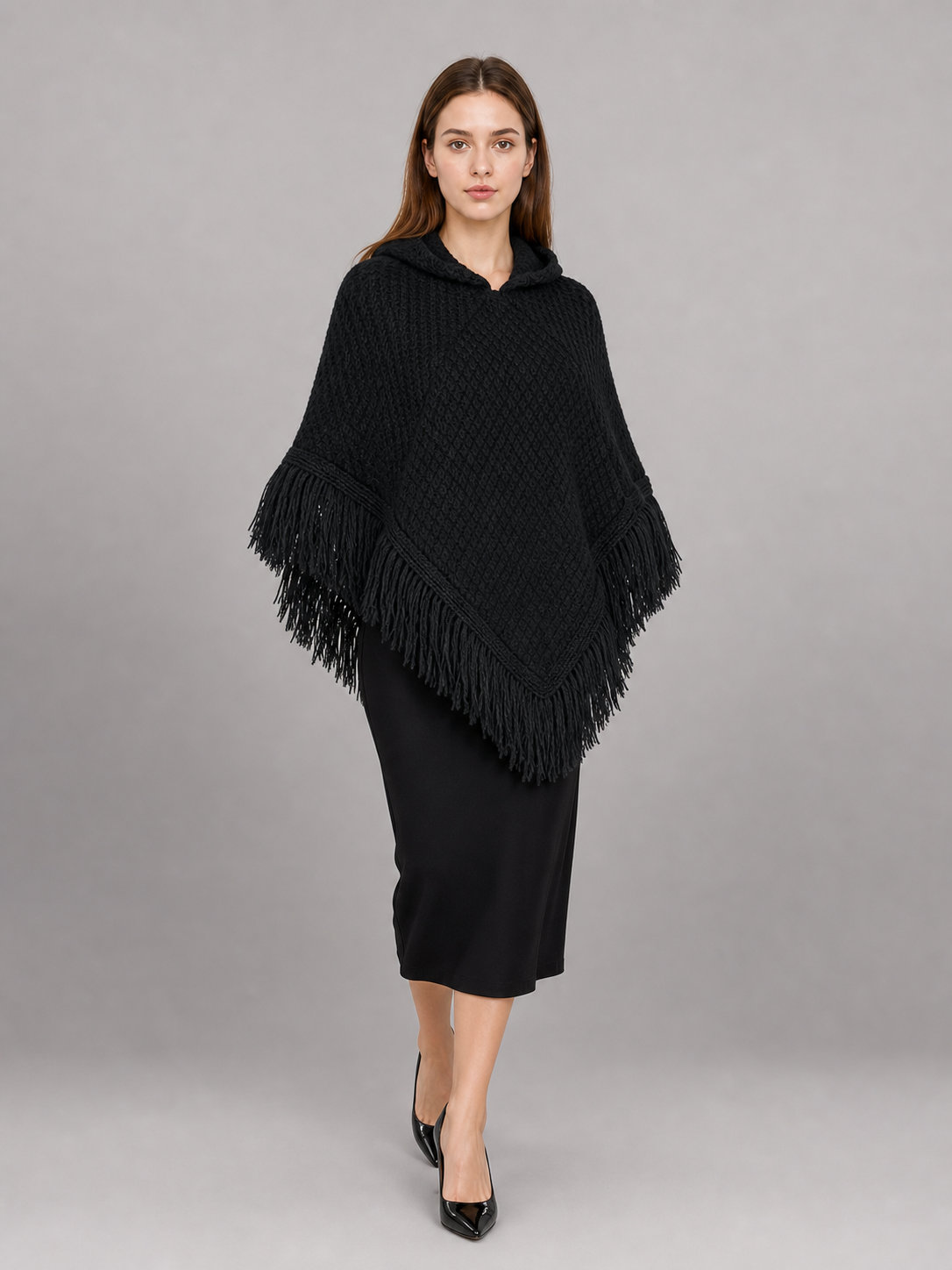 Triangular Hooded Poncho Cape with Belt