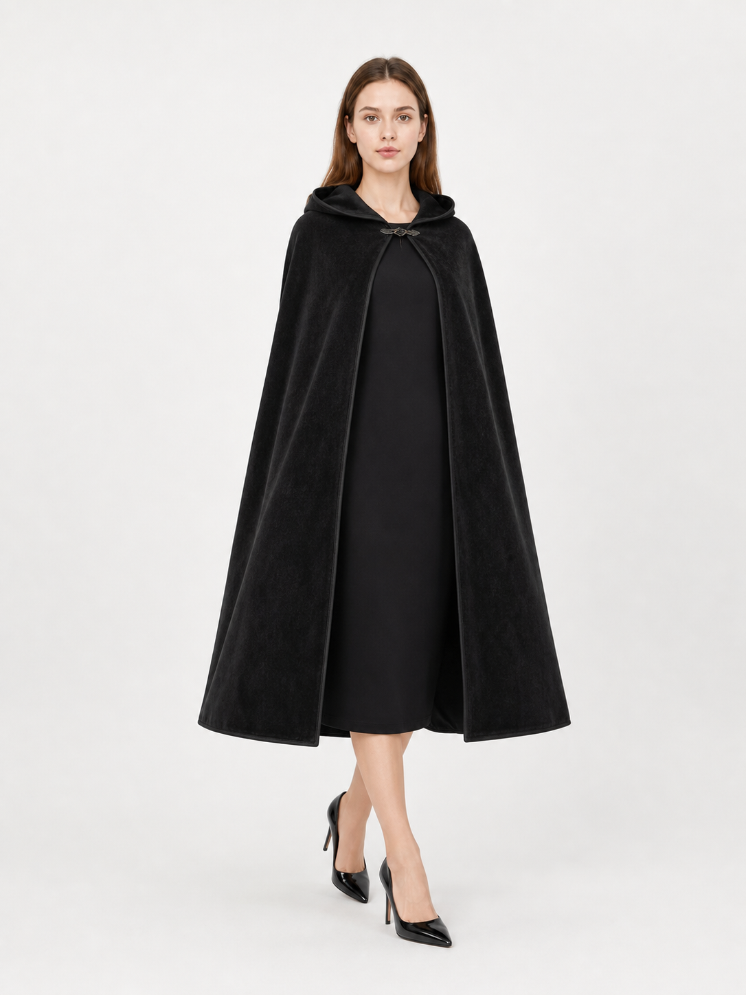 Black medieval hooded carnival cloak